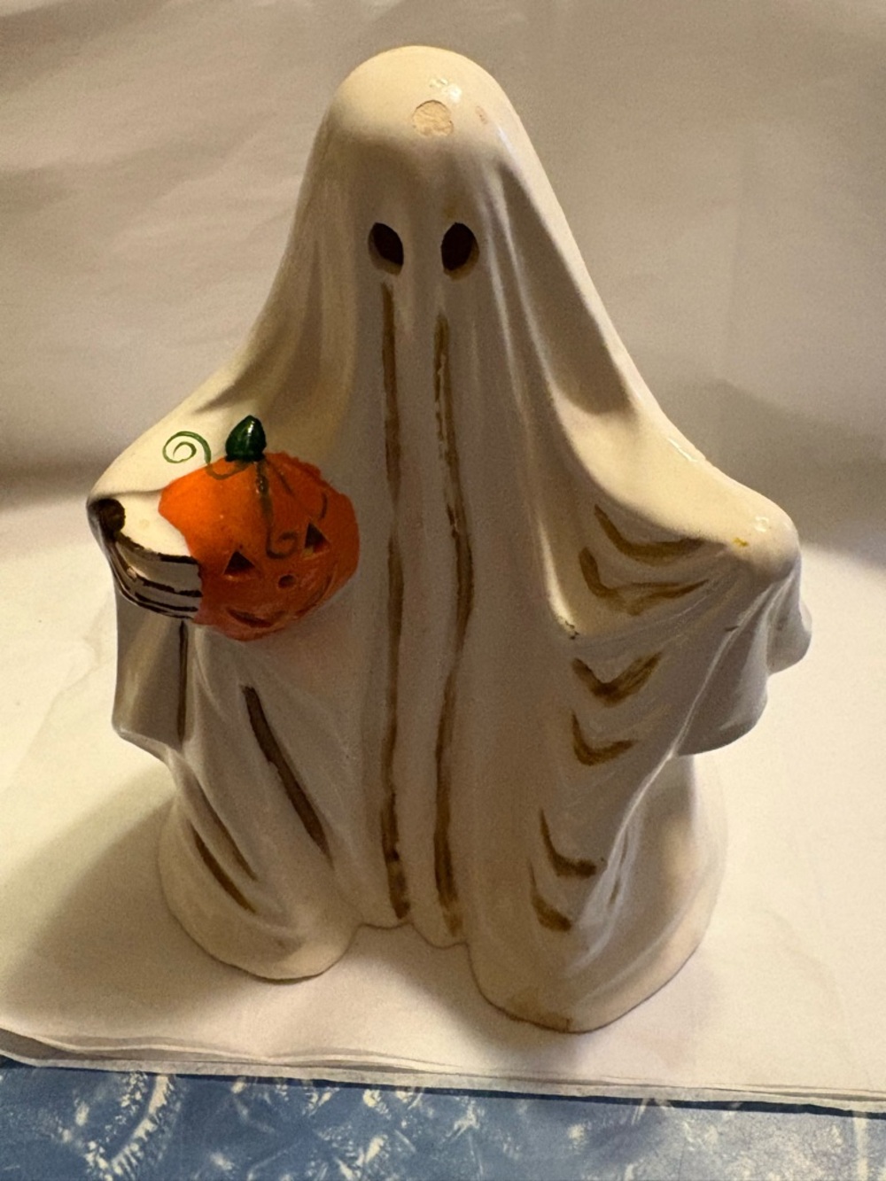 Vintage 90s Dept 56 Ceramic Ghost Figurine with Orange Pumpkin